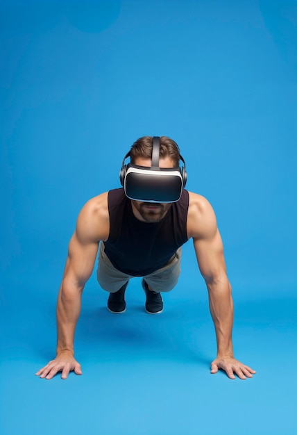 Free photo full shot  man doing fitness with vr glasses