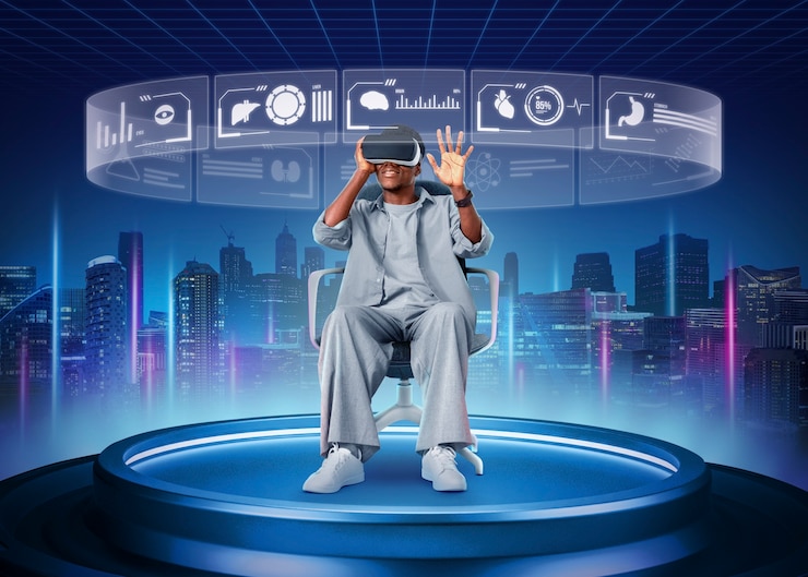 Free Photo full shot man experiencing virtual reality