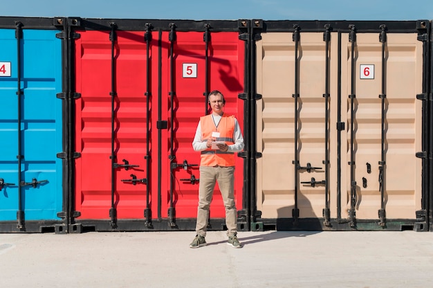 Full shot man near storage units