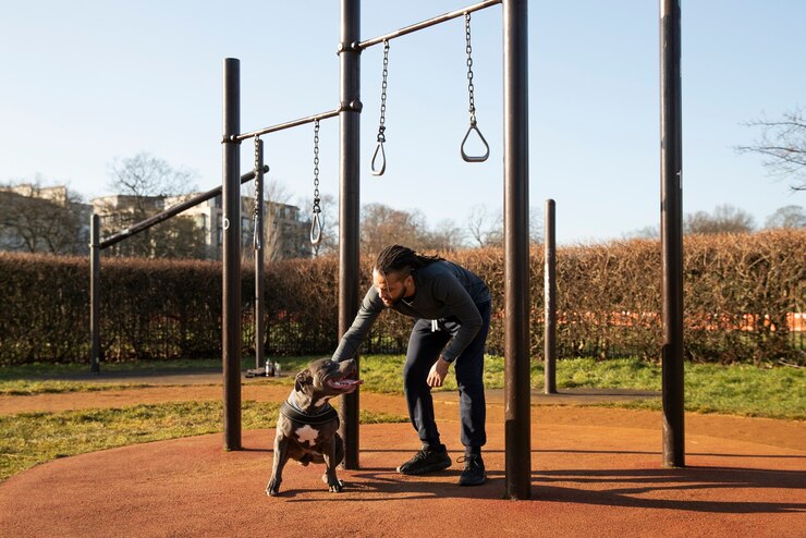 Free Photo full shot man petting dog outdoors