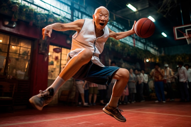 Free photo full shot man playing basketball