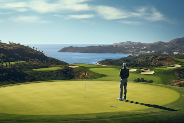 Full shot man playing golf in nature