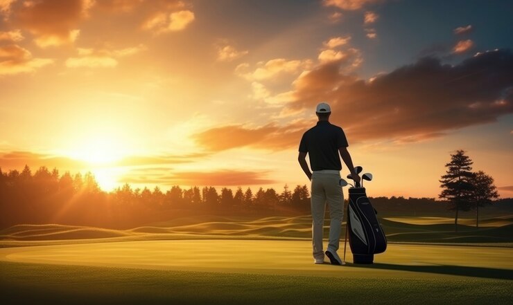 Full shot man playing golf in nature