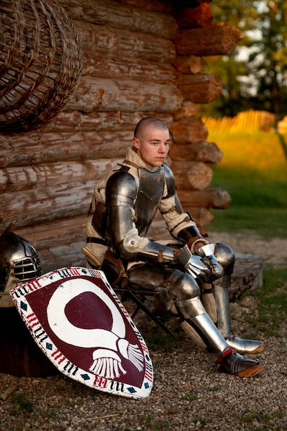 中世の兵士としてポーズをとる男性