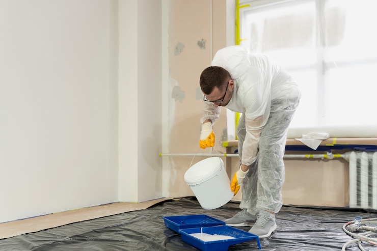 Free Photo full shot man pouring paint