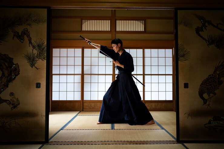 Free Photo full shot man practicing with sword inside