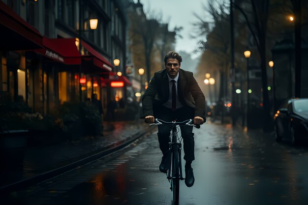 屋外で自転車に乗るフルショットの男