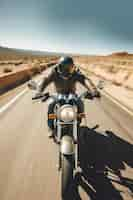 Free photo full shot man riding motorcycle  outdoors