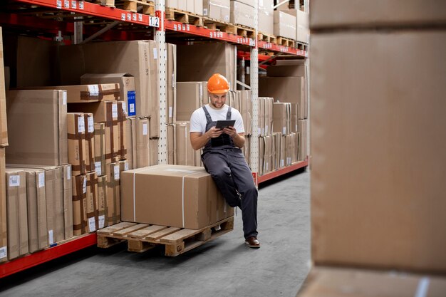 Full shot man sitting on box with tablet