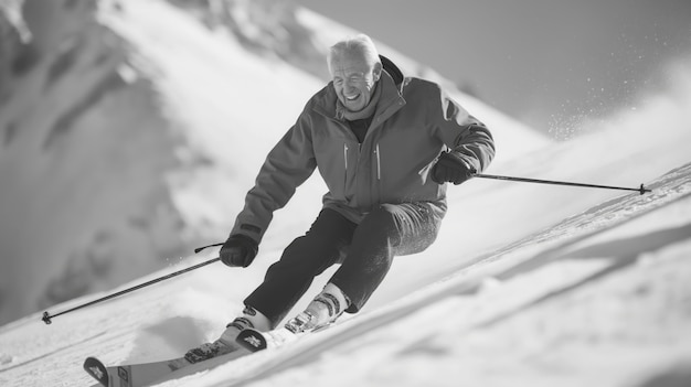 Free photo full shot man skiing monochrome