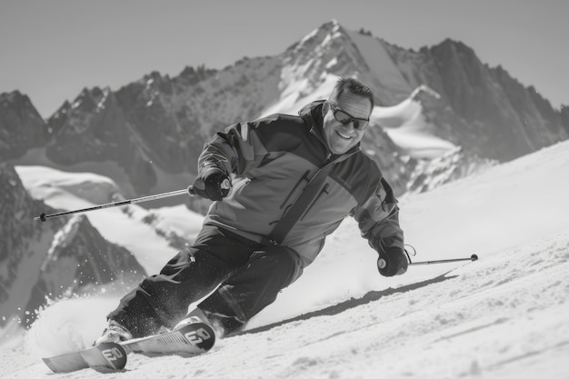 Free photo full shot man skiing monochrome