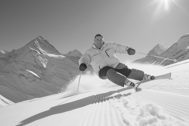 Free photo full shot man skiing monochrome