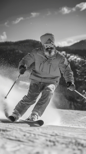 Full shot man skiing monochrome