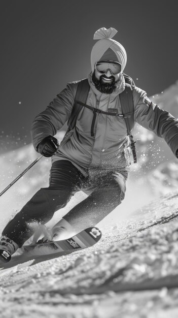 Полный кадр мужчины на лыжах монохромный
