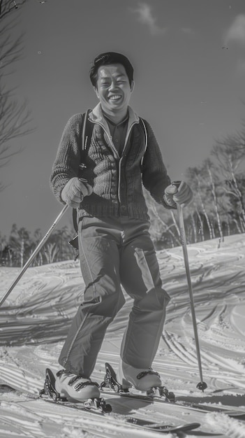 Free photo full shot man skiing monochrome