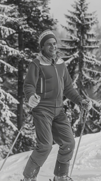 Full shot man skiing monochrome
