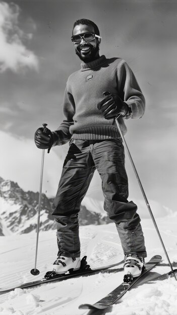 Full shot man skiing monochrome