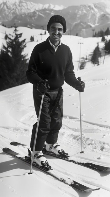 Полный кадр мужчины на лыжах монохромный