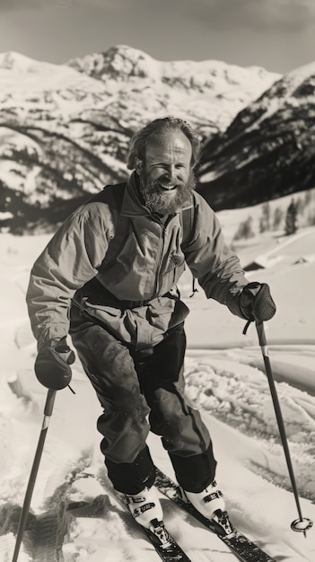 Free photo full shot man skiing monochrome