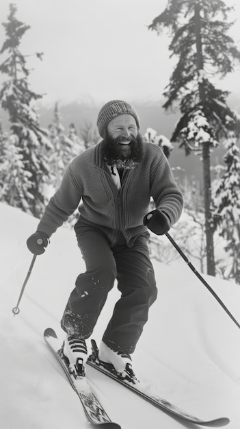 Full shot man skiing monochrome