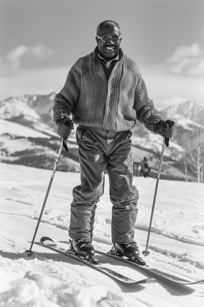 Full shot man skiing monochrome