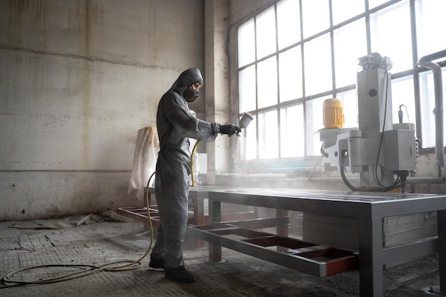 Full shot man spraying powder paint from a gun