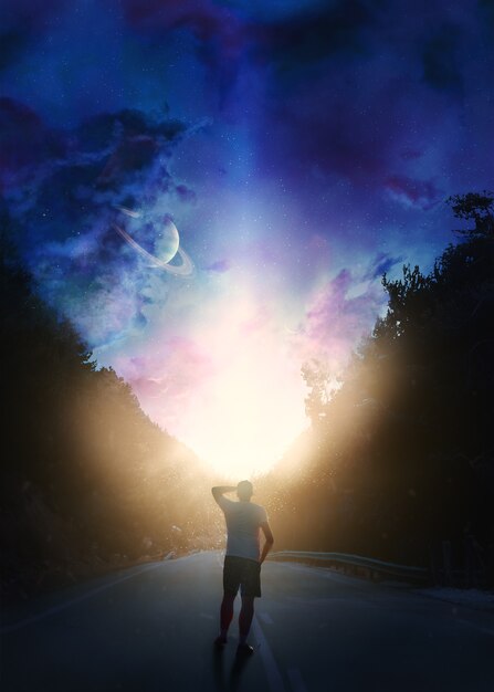 full shot man on street astral wallpaper