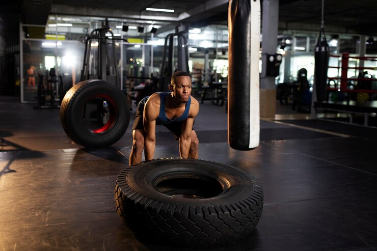Free Photo full shot man training with giant wheel at gym