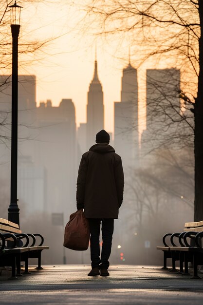 뉴욕을 걷고 있는 풀샷 남자