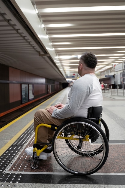 Полный кадр мужчина в инвалидной коляске ждет