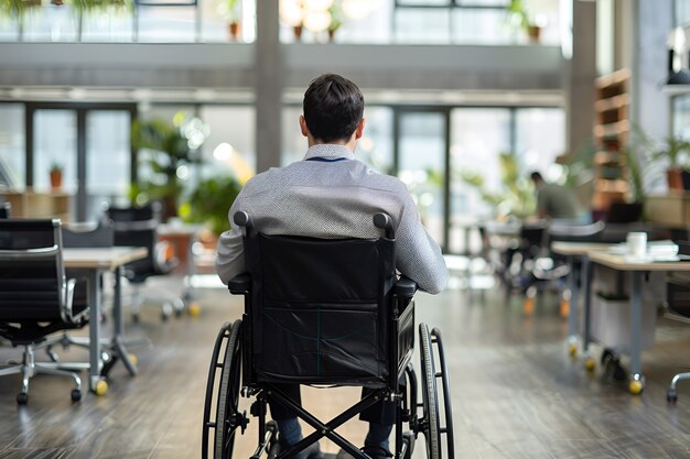 Un uomo in sedia a rotelle al lavoro.