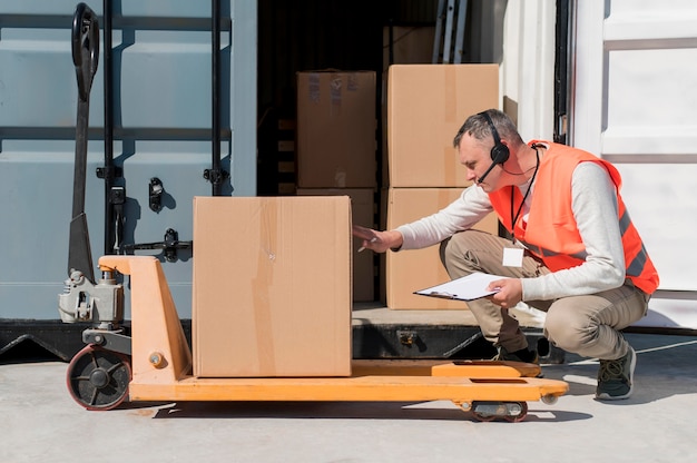 Free photo full shot man with pallet truck