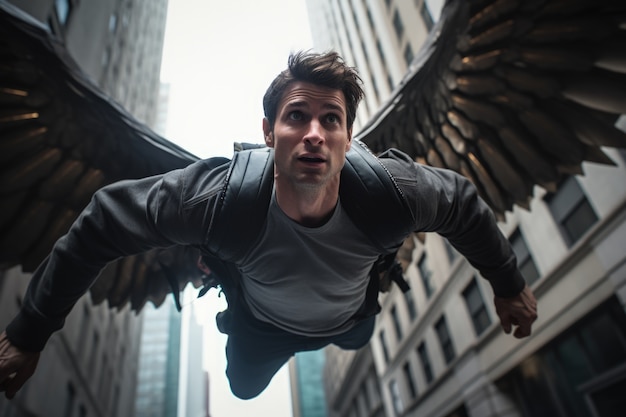 Бесплатное фото Полный человек с летящими крыльями