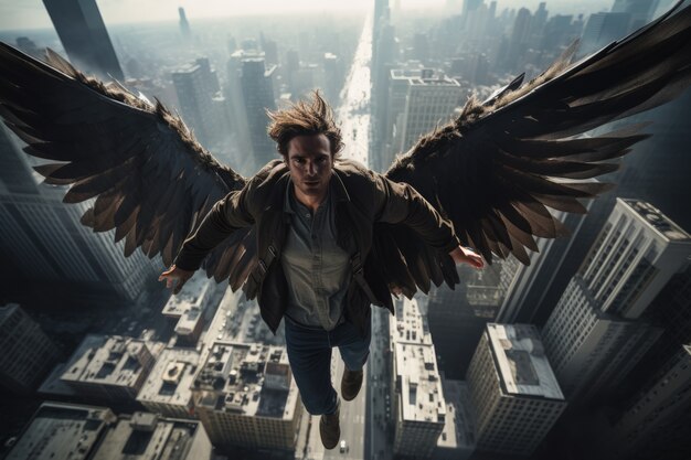 full shot man with wings flying