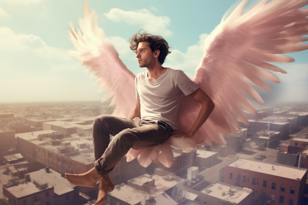 Бесплатное фото Полный человек с летящими крыльями