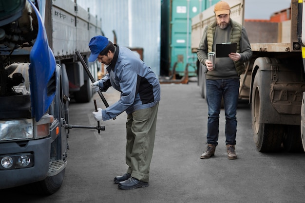 Free photo full shot mechanic checking truck outdoors