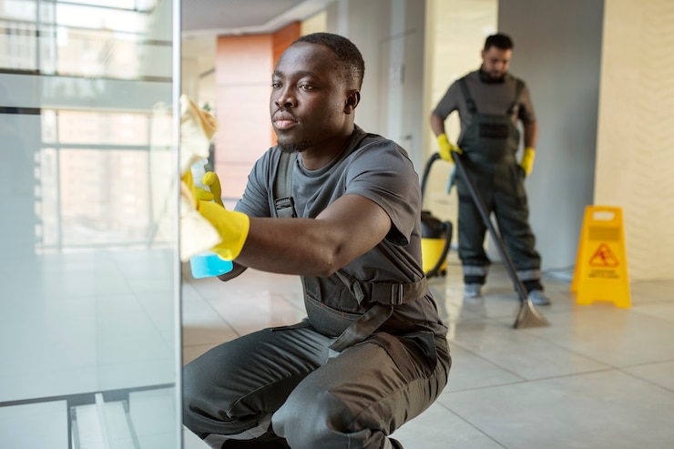 Free Photo full shot men cleaning office