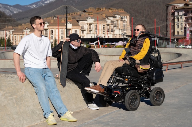 Full shot men spending time together outdoors