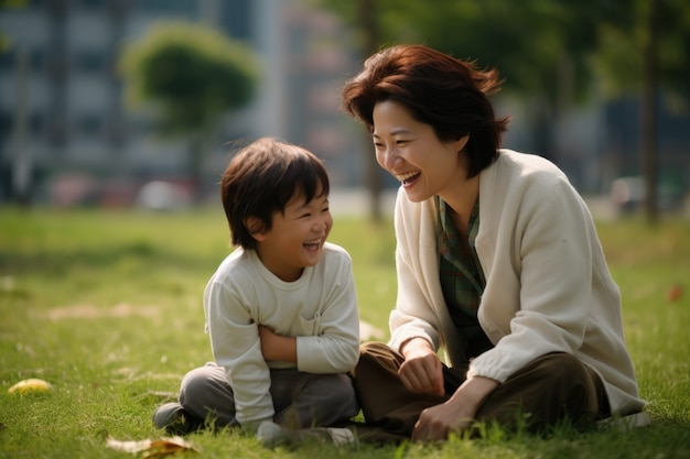 Free photo full shot mother and child outdoors