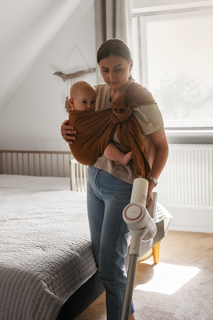 Free photo full shot mother using vacuum cleaner