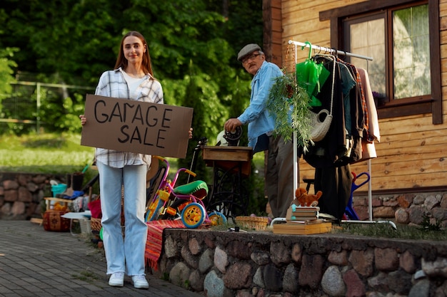 Бесплатное фото Люди в полный рост на гаражной распродаже