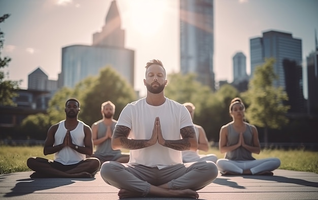 Free photo full shot people doing yoga together