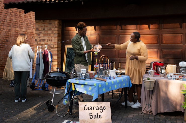 Free Photo full shot people at garage sale