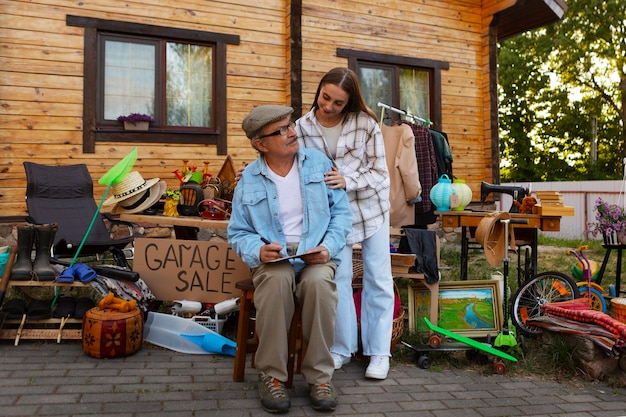 Full shot people at garage sale