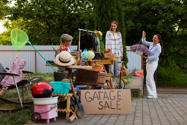 Free Photo full shot people at garage sale