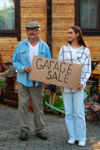 Люди в полный рост на гаражной распродаже