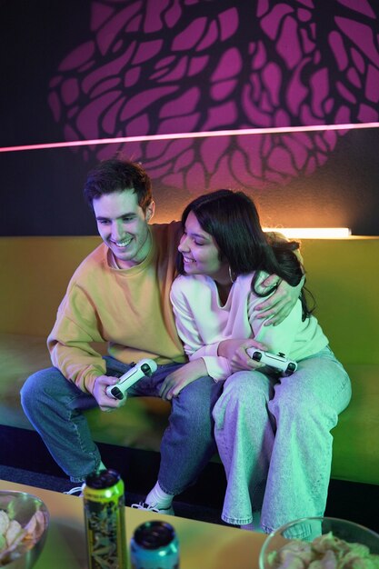full shot people playing videogames together