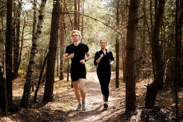 Full shot people running together