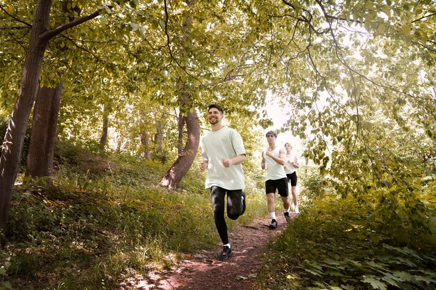 Full shot people running together