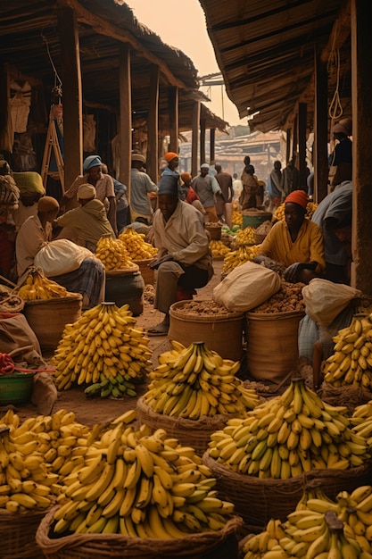 Free photo full shot people selling bananas